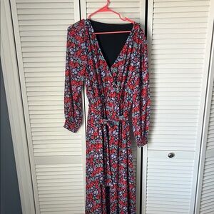 Floral Red V-Neck Long Sleeve Wrap Dress